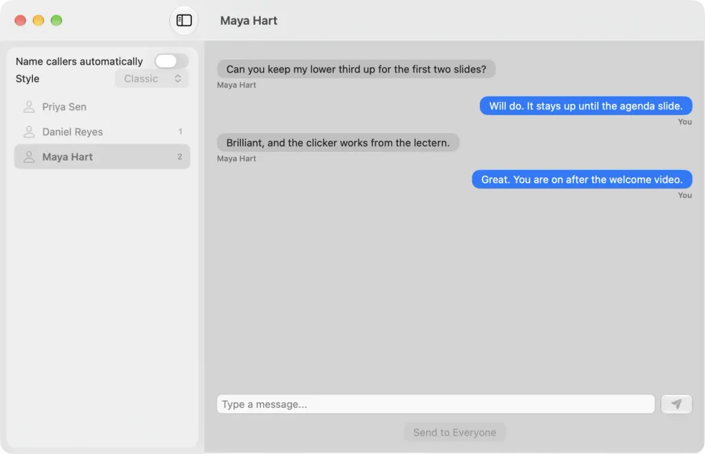 The presenter chat on macOS with Maya Hart: her request to keep her lower third up, the host's replies, and Priya Sen and Daniel Reyes in the list on the left