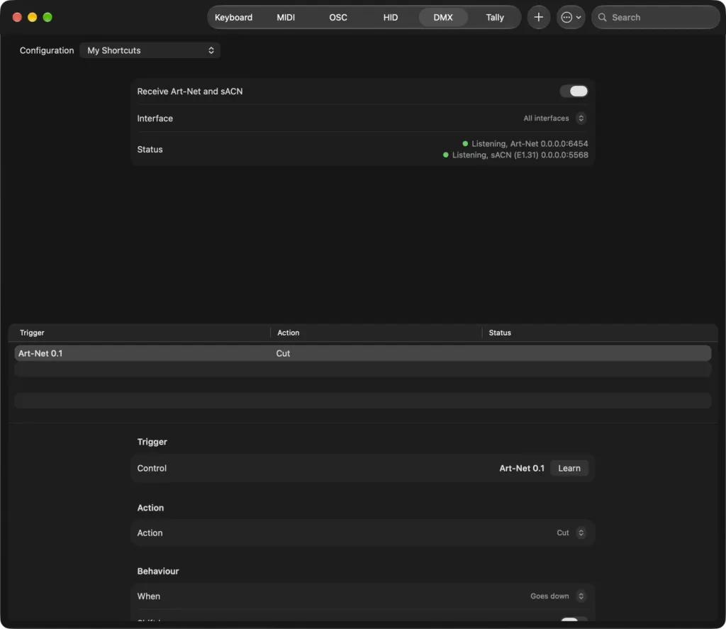 The DMX tab of External Control with Receive Art-Net and sACN on, the Interface picker and a learned channel