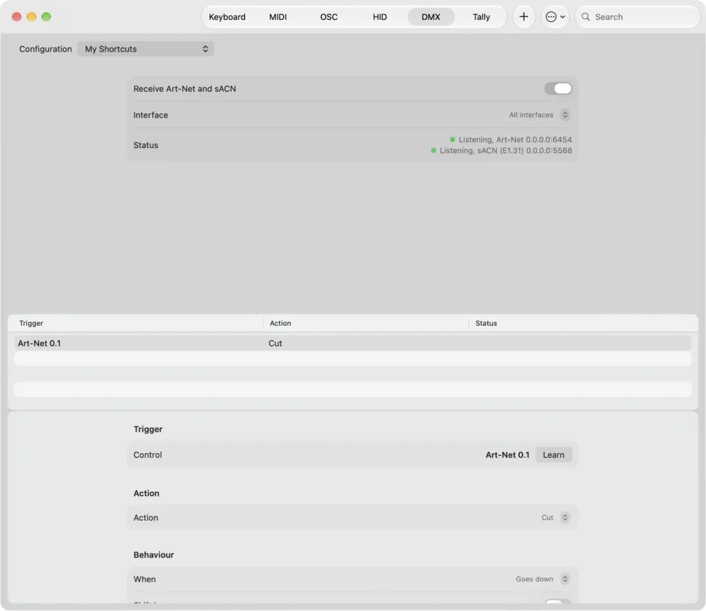 The DMX tab of External Control with Receive Art-Net and sACN on, the Interface picker and a learned channel