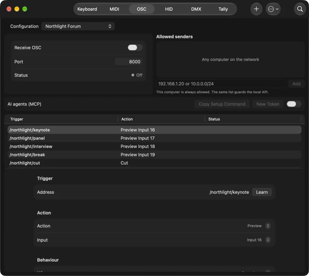 The External control window on macOS on the OSC tab for the Northlight Forum configuration: the receive port and allowed senders, AI agents (MCP), and triggers such as /northlight/keynote mapped to Preview Input 16