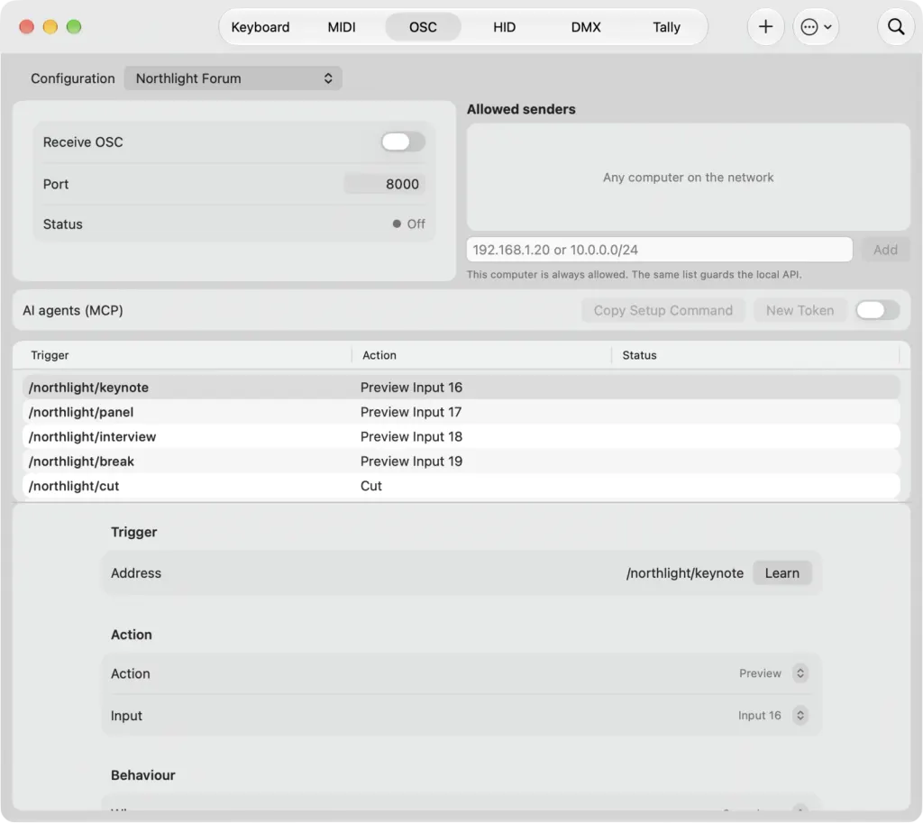 The External control window on macOS on the OSC tab for the Northlight Forum configuration: the receive port and allowed senders, AI agents (MCP), and triggers such as /northlight/keynote mapped to Preview Input 16