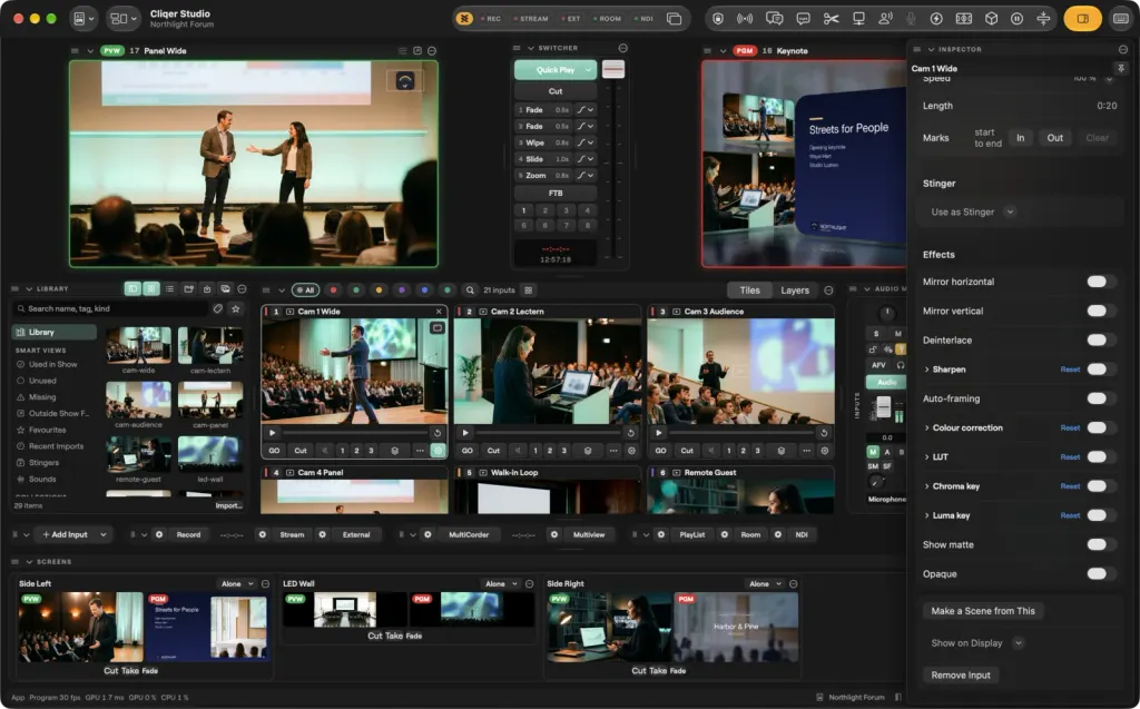 The Studio window on macOS with the Inspector open on the Effects of Cam 1 Wide: mirror, deinterlace, sharpen, auto framing, colour correction, LUT, chroma key and luma key, beside the switcher and the input tiles