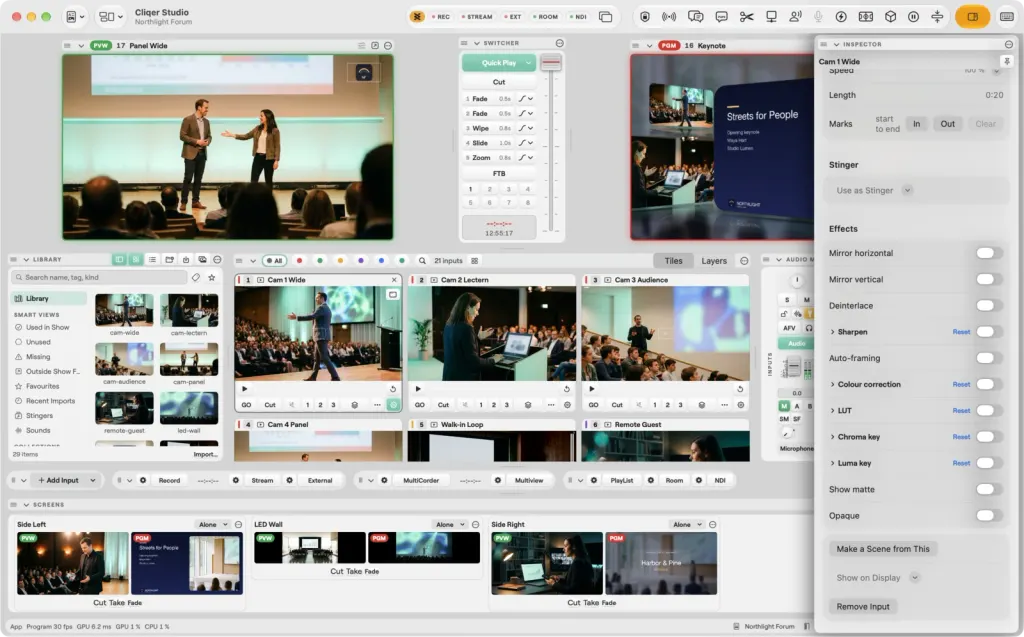 The Studio window on macOS with the Inspector open on the Effects of Cam 1 Wide: mirror, deinterlace, sharpen, auto framing, colour correction, LUT, chroma key and luma key, beside the switcher and the input tiles