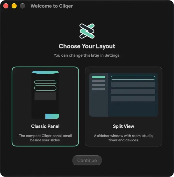 The Welcome to Cliqer window on a Mac asking How Will You Use Cliqer?, with the Classic and Studio cards