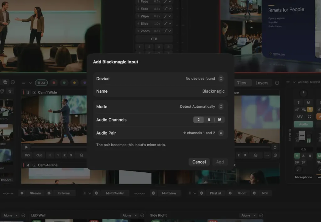 The Add Blackmagic Input sheet on macOS over the Studio window, with the device, name, detection mode, audio channels and audio pair settings