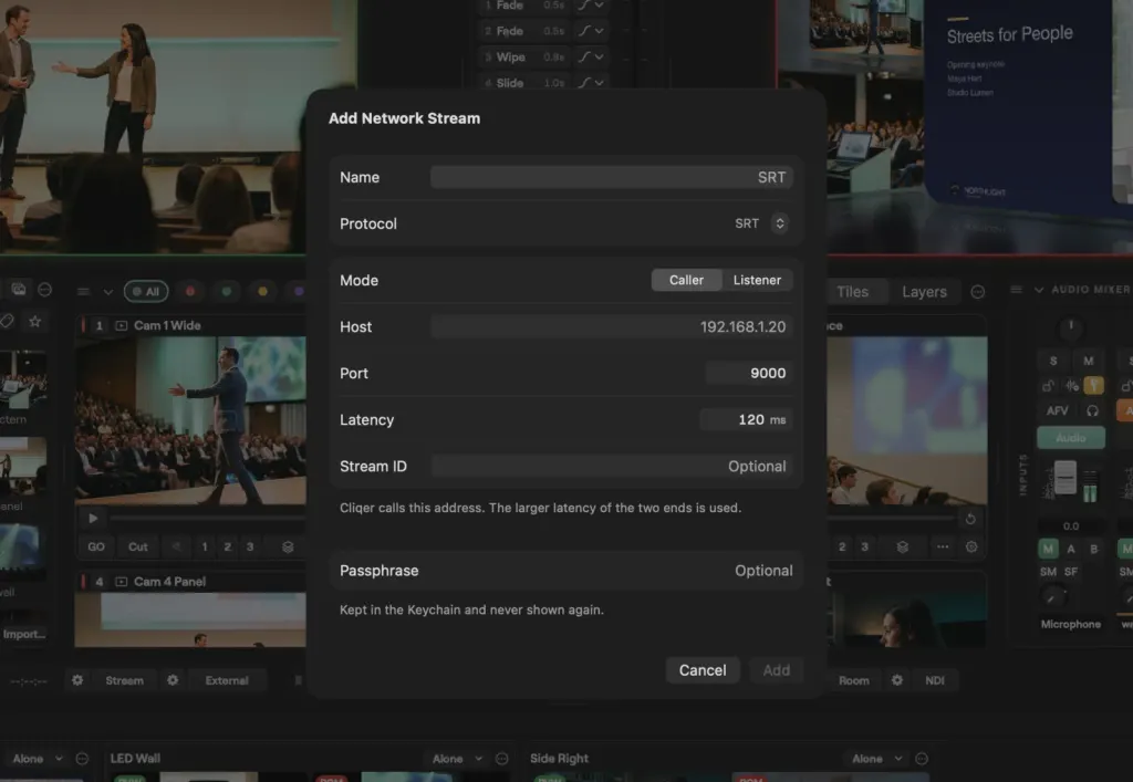 The Add Network Stream sheet on macOS over the Studio window, set up as an SRT caller with host, port, latency, stream ID and passphrase