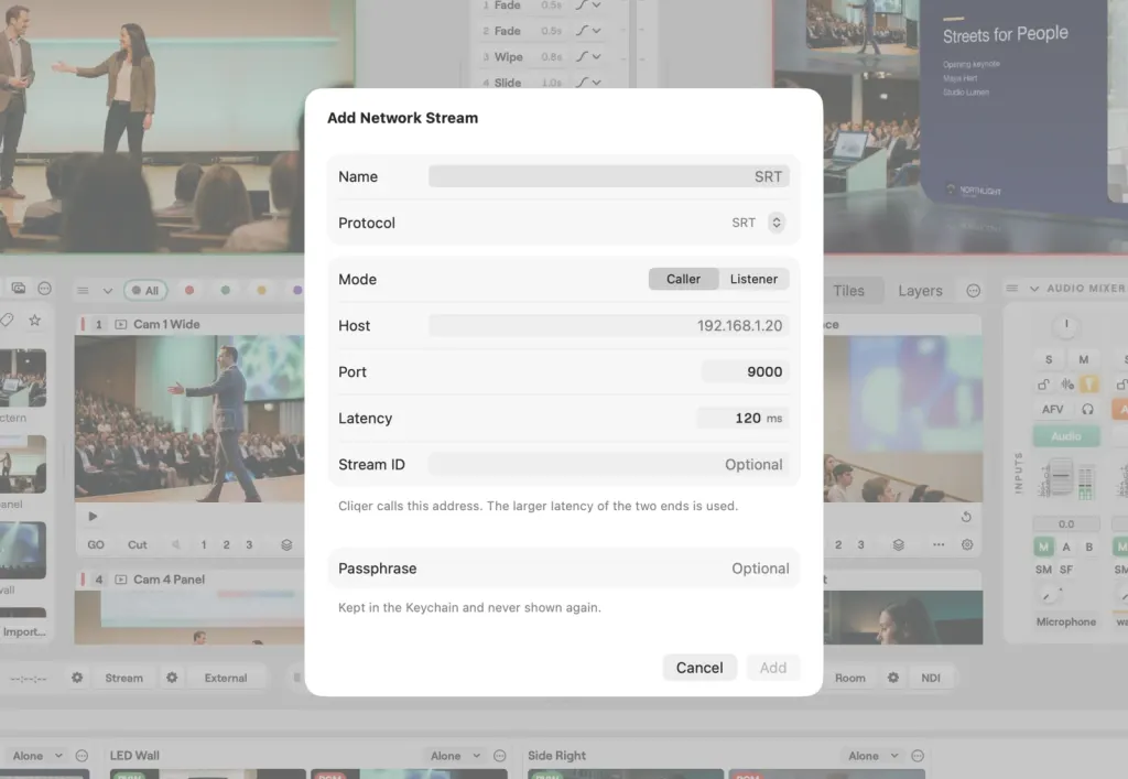 The Add Network Stream sheet on macOS over the Studio window, set up as an SRT caller with host, port, latency, stream ID and passphrase