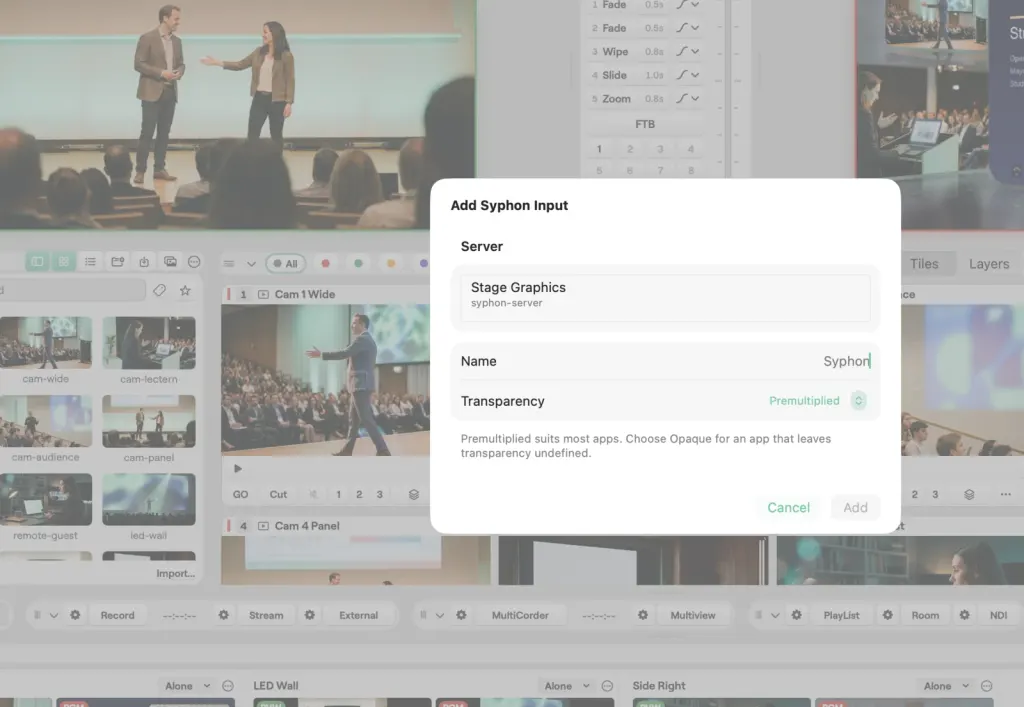 The Add Syphon Input sheet on macOS over the Studio window, with the Stage Graphics server picked, the input name and the transparency setting