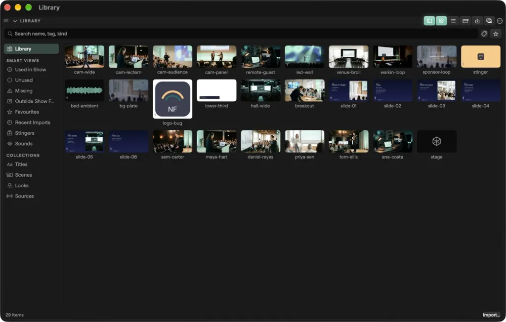 The Library window on macOS: smart views and collections in the sidebar and a grid of the show's media, from camera clips and loops to slides, the logo bug and the stage model
