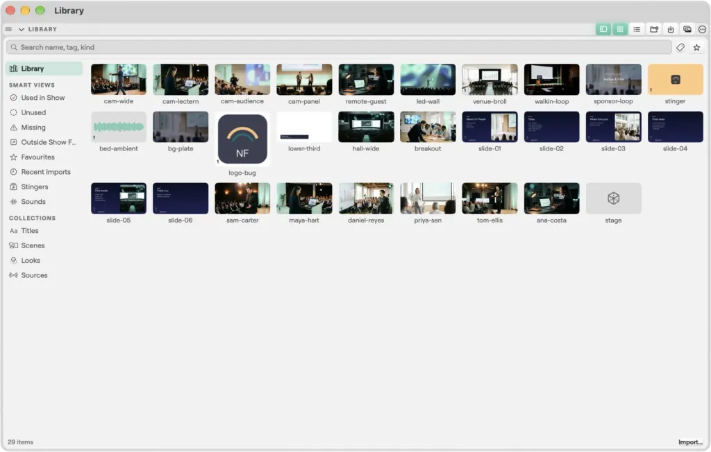 The Library window on macOS: smart views and collections in the sidebar and a grid of the show's media, from camera clips and loops to slides, the logo bug and the stage model