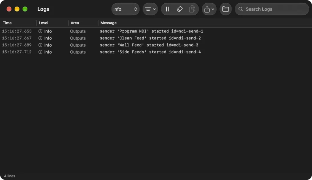 The Logs window on macOS at the Info level, listing four Outputs lines as the Program NDI, Clean Feed, Wall Feed and Side Feeds senders start