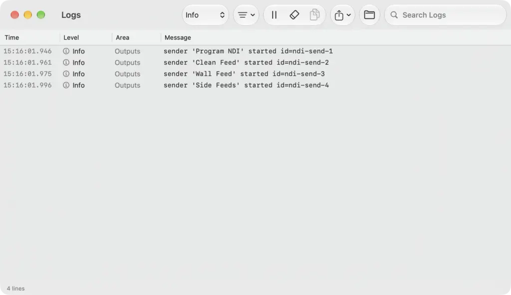 The Logs window on macOS at the Info level, listing four Outputs lines as the Program NDI, Clean Feed, Wall Feed and Side Feeds senders start