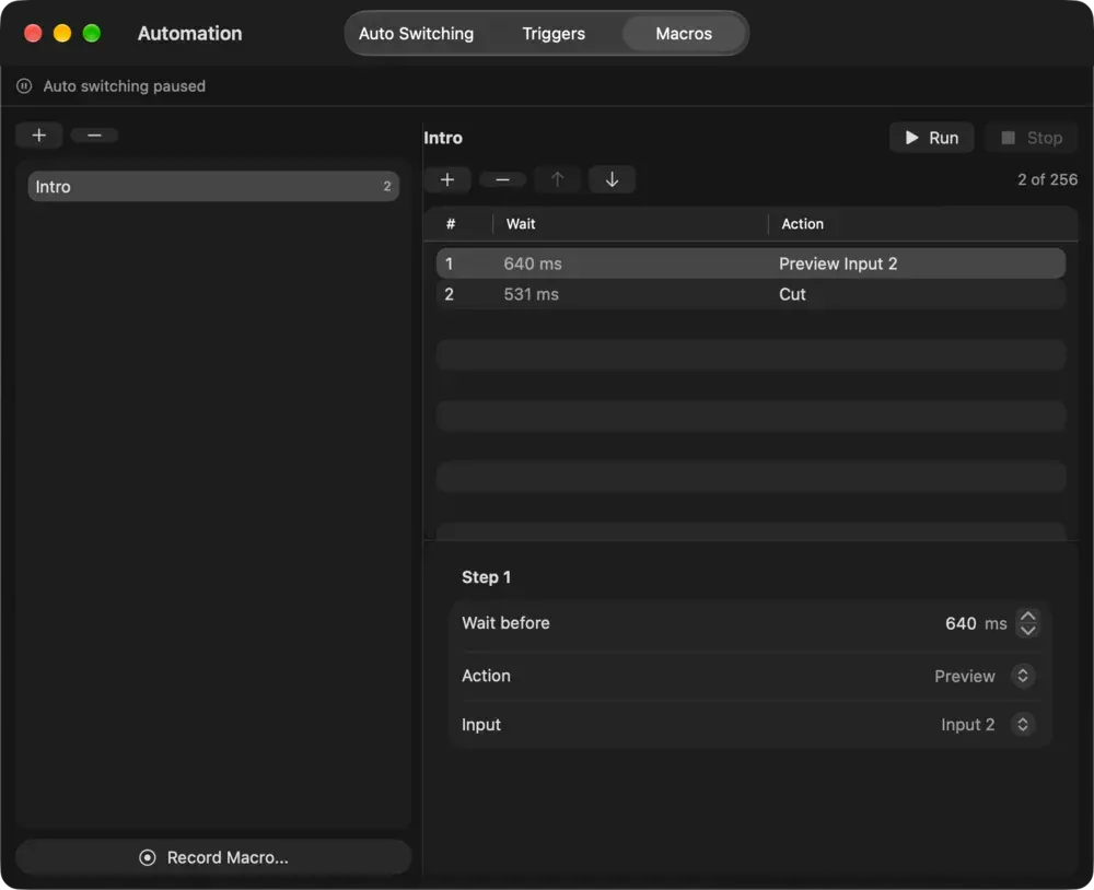 The Macros tab on macOS with a macro and its steps