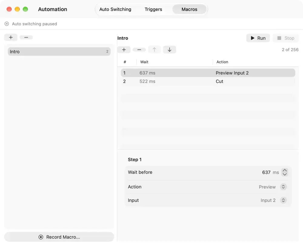 The Macros tab on macOS with a macro and its steps