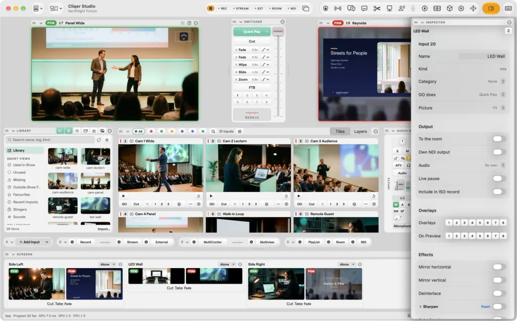 Das Studio-Fenster auf dem Mac mit einer Szene auf Program, die eine rote Mix-Ebene in der linken Hälfte über einem blauen Bild zeigt, und der Mix-Eingangskachel neben den anderen Eingängen