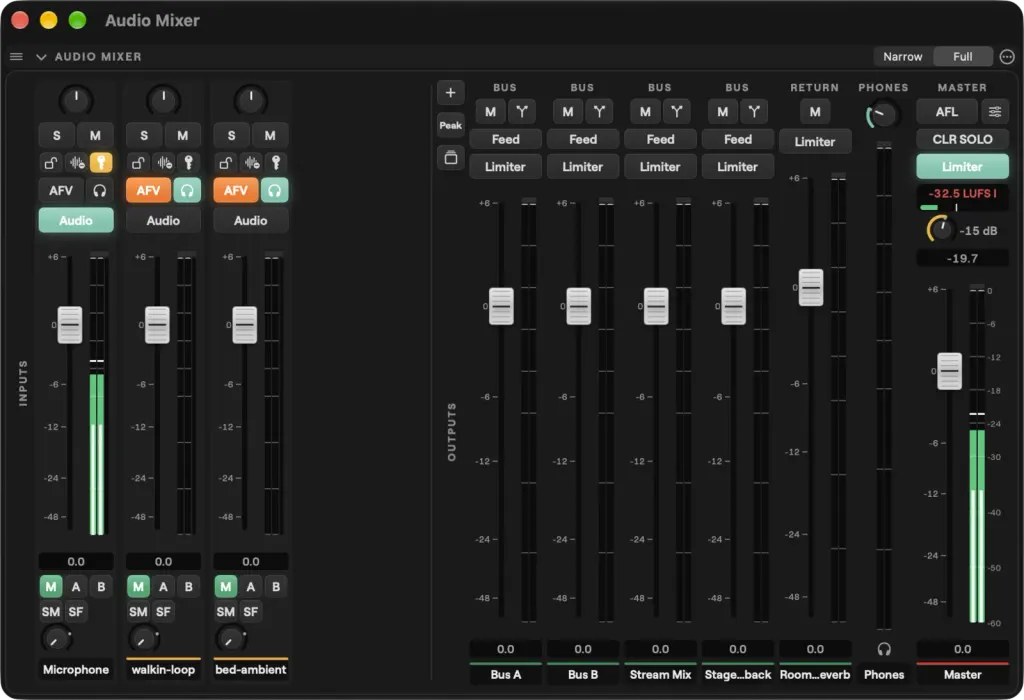 The Audio Mixer on macOS: the Microphone, walkin-loop and bed-ambient input strips with their sends, and the Bus A, Bus B, Stream Mix, Stage Foldback, Room Reverb, Phones and Master output strips with limiters and loudness meters