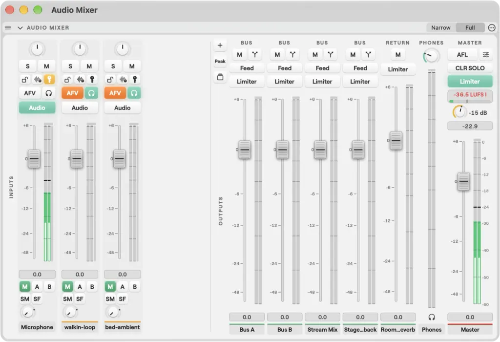 The Audio Mixer on macOS: the Microphone, walkin-loop and bed-ambient input strips with their sends, and the Bus A, Bus B, Stream Mix, Stage Foldback, Room Reverb, Phones and Master output strips with limiters and loudness meters