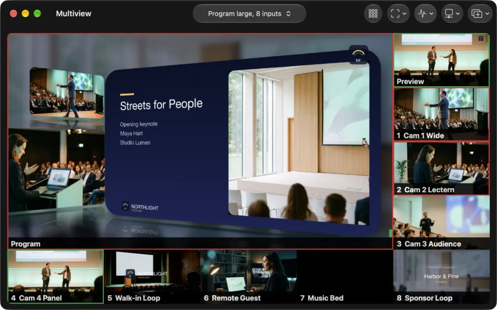 The Multiview window on macOS in the Program large, 8 inputs layout: the Keynote slide card large on Program, Preview and the cameras down the side, and Walk-in Loop, Remote Guest, Music Bed and Sponsor Loop along the bottom