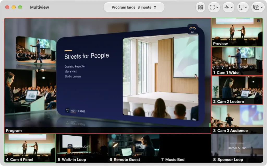 The Multiview window on macOS in the Program large, 8 inputs layout: the Keynote slide card large on Program, Preview and the cameras down the side, and Walk-in Loop, Remote Guest, Music Bed and Sponsor Loop along the bottom