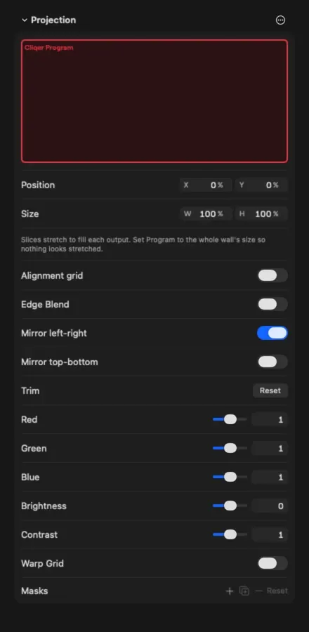 The Projection section of an output on Mac with the Mirror Left-Right switch on