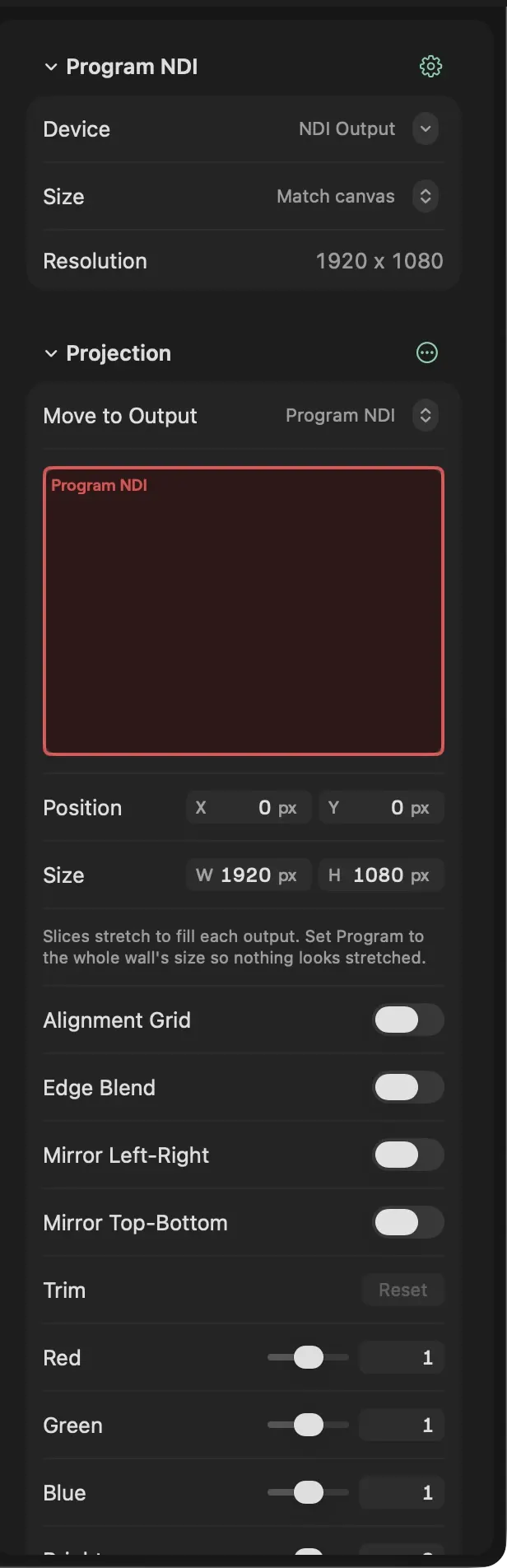 The inspector of the Outputs window on macOS for Program NDI: Device, Size and Resolution, then the Projection rows with Position and Size in px, Alignment Grid, Edge Blend, the mirror switches and colour trim