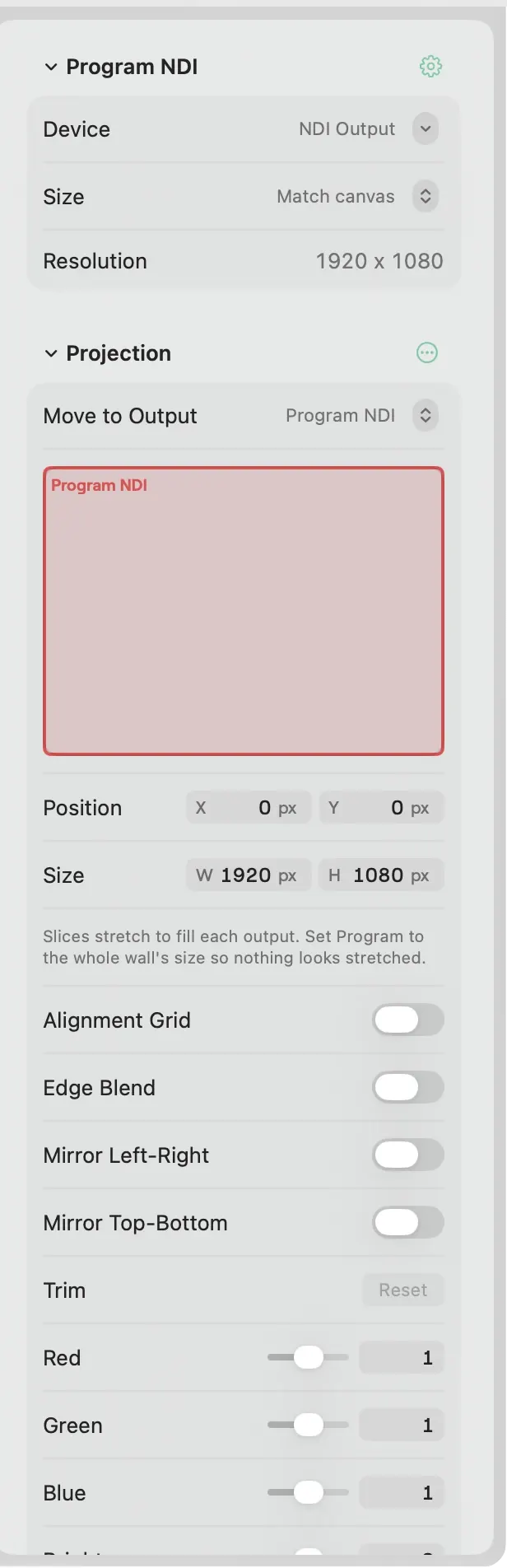 The inspector of the Outputs window on macOS for Program NDI: Device, Size and Resolution, then the Projection rows with Position and Size in px, Alignment Grid, Edge Blend, the mirror switches and colour trim