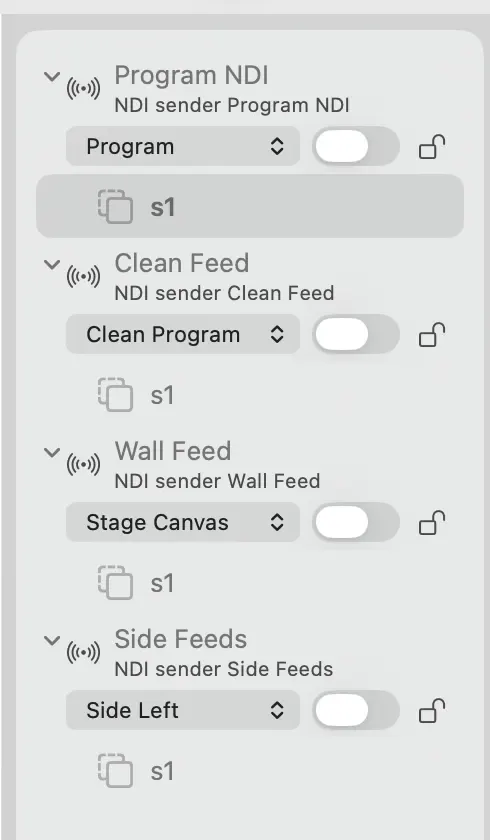 The Outputs window on macOS listing four NDI outputs, Program NDI, Clean Feed, Wall Feed and Side Feeds, each with its source, On switch and lock