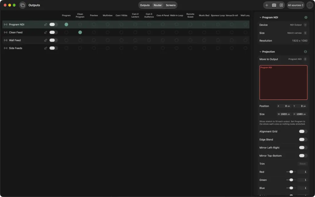 The Outputs window on macOS on the Router tab: the outputs Program NDI, Clean Feed, Wall Feed and Side Feeds against every source, and the Program NDI device, size, resolution and projection settings on the right