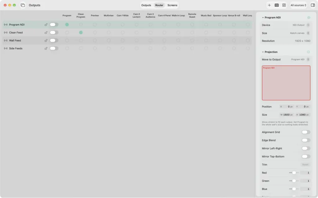 The Outputs window on macOS on the Router tab: the outputs Program NDI, Clean Feed, Wall Feed and Side Feeds against every source, and the Program NDI device, size, resolution and projection settings on the right