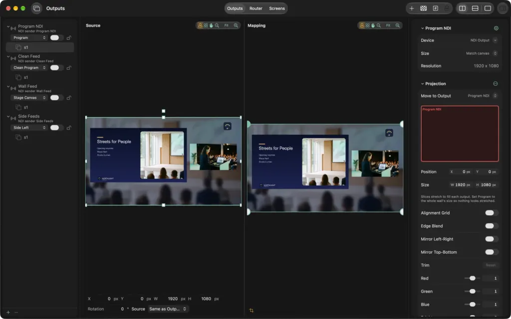 The Outputs window on macOS on its Outputs tab: the list of outputs with their slices on the left, the Source and Mapping panes side by side in the middle and the inspector with Device, Size and Projection on the right