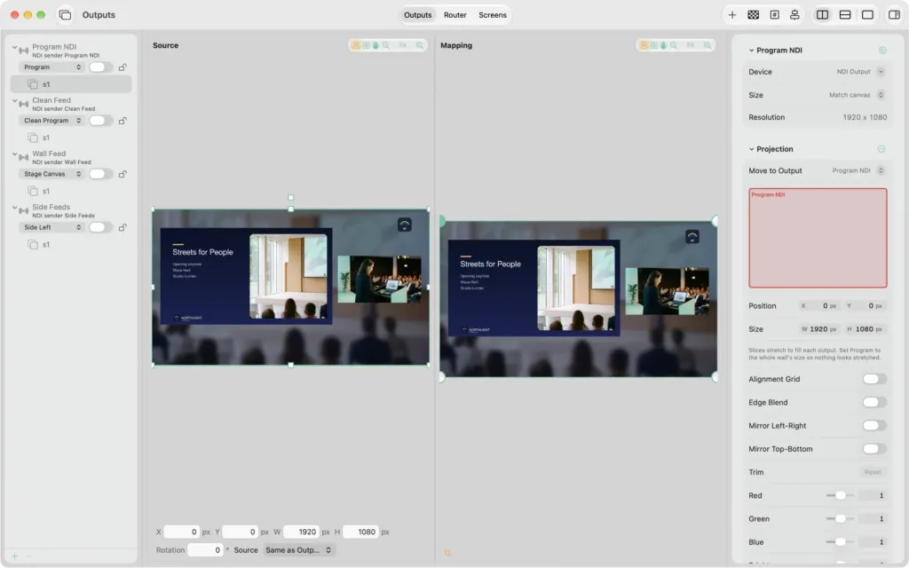 The Outputs window on macOS on its Outputs tab: the list of outputs with their slices on the left, the Source and Mapping panes side by side in the middle and the inspector with Device, Size and Projection on the right