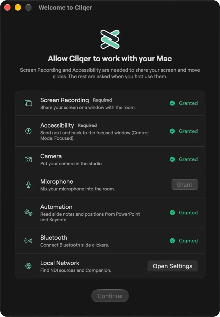 Die Berechtigungs-Checkliste „Willkommen bei Cliqer“ unter macOS