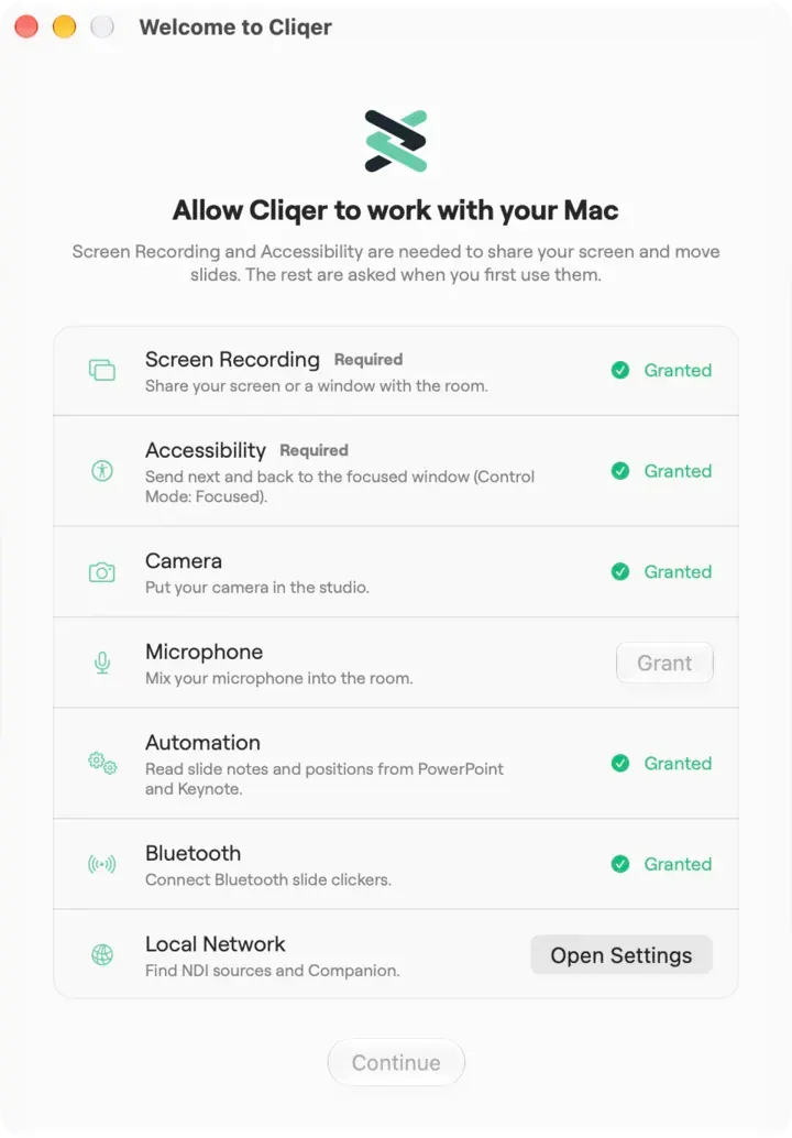 Die Berechtigungs-Checkliste „Willkommen bei Cliqer“ unter macOS