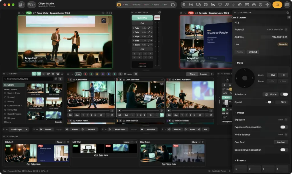 The Studio window on macOS with the Inspector open on the PTZ controls of Cam 2 Lectern: protocol, address, the move pad with zoom and focus, image settings and presets