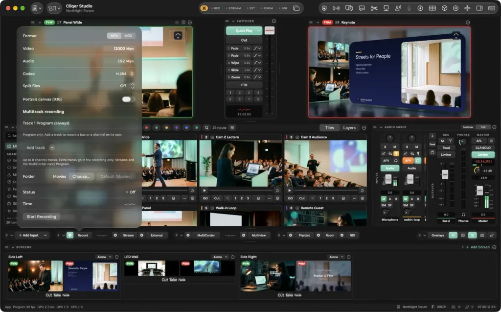 The Studio window on macOS with the Record popover open: format, video and audio bitrate, codec, split files, portrait canvas, multitrack recording, folder and Start Recording