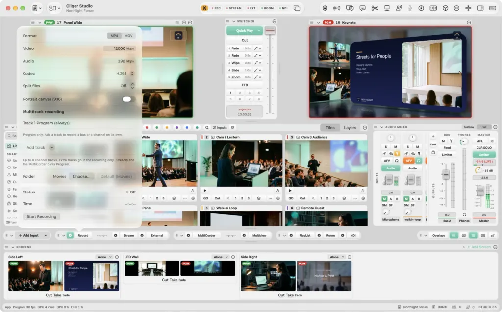 The Studio window on macOS with the Record popover open: format, video and audio bitrate, codec, split files, portrait canvas, multitrack recording, folder and Start Recording