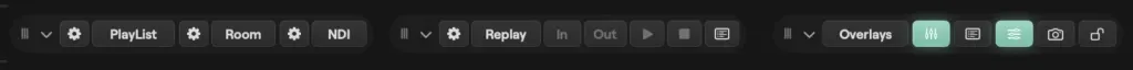 The bottom bar of the Studio window on macOS with the PlayList, Room, NDI, Replay and Overlays controls, and the Replay in, out, play and stop buttons