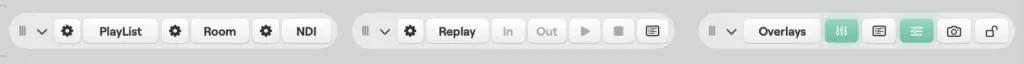 The bottom bar of the Studio window on macOS with the PlayList, Room, NDI, Replay and Overlays controls, and the Replay in, out, play and stop buttons