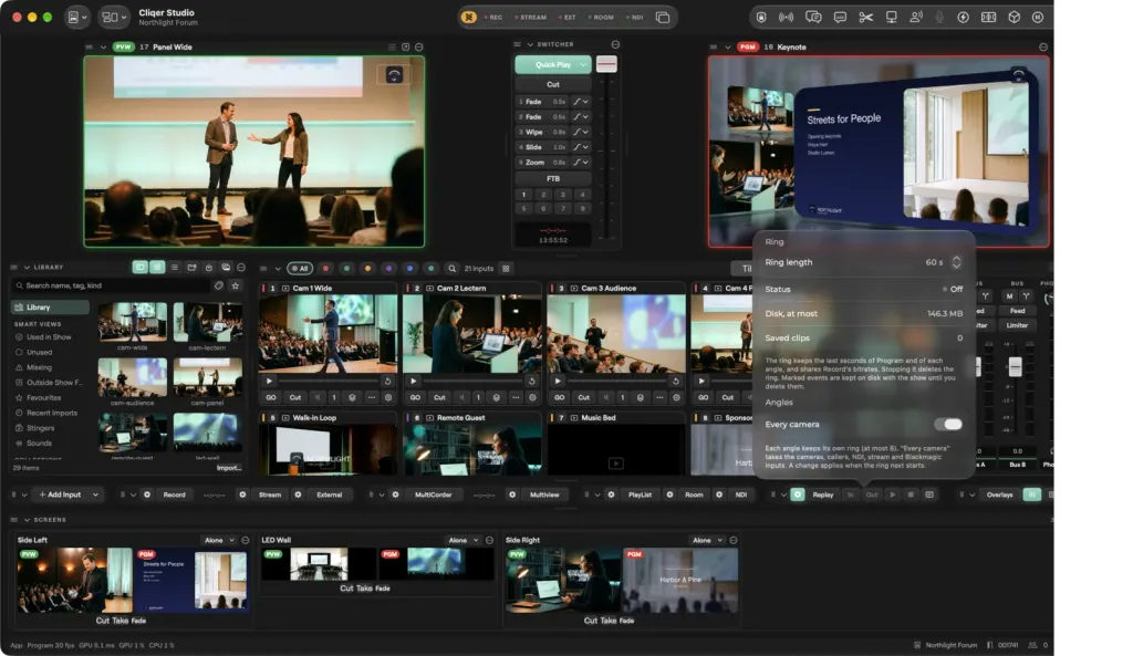 The Studio window on macOS with the Replay popover open: ring length, status, disk use, saved clips and the Every camera option