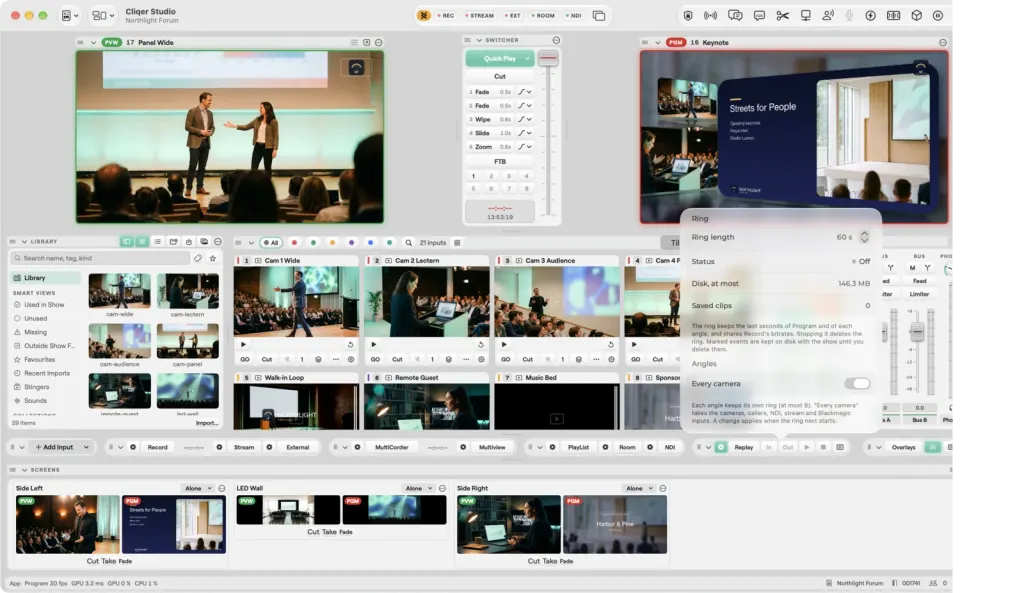 The Studio window on macOS with the Replay popover open: ring length, status, disk use, saved clips and the Every camera option