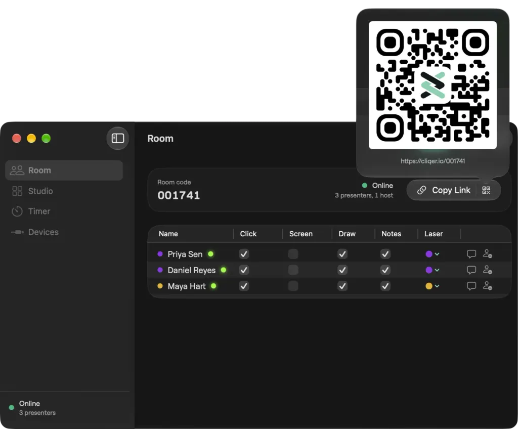 Okno Pokój w macOS z kodem pokoju 001741 w stanie online, kodem QR do linku dołączania, przyciskiem Kopiuj link oraz prezenterami Daniel Reyes, Maya Hart i Priya Sen z uprawnieniami do klikania, ekranu, rysowania, notatek i wskaźnika laserowego