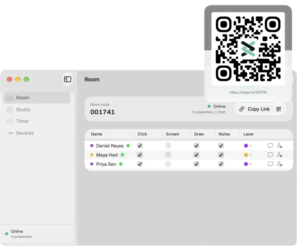Okno Pokój w macOS z kodem pokoju 001741 w stanie online, kodem QR do linku dołączania, przyciskiem Kopiuj link oraz prezenterami Daniel Reyes, Maya Hart i Priya Sen z uprawnieniami do klikania, ekranu, rysowania, notatek i wskaźnika laserowego
