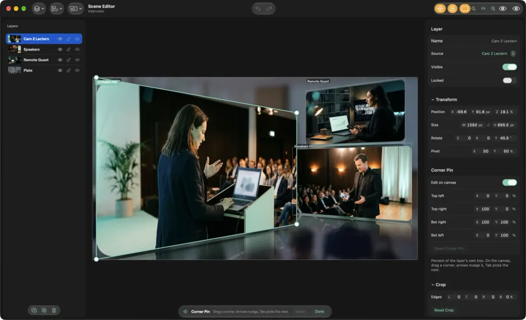 The Scene Editor on macOS with Corner Pin on: the Cam 2 Lectern layer pinned at an angle over the Speakers and Remote Guest layers, with corner handles on the canvas and the Corner Pin settings in the Layer panel on the right