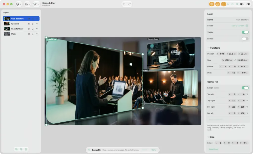 The Scene Editor on macOS with Corner Pin on: the Cam 2 Lectern layer pinned at an angle over the Speakers and Remote Guest layers, with corner handles on the canvas and the Corner Pin settings in the Layer panel on the right
