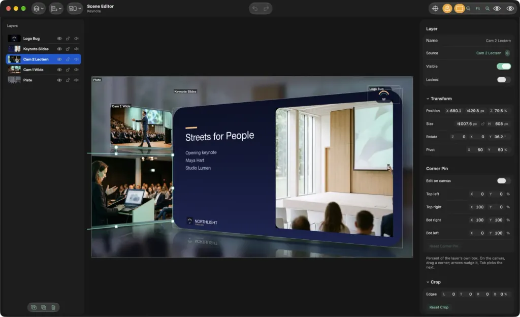 The Scene Editor on macOS for the Keynote scene: the layer list with Logo Bug, Keynote Slides, Cam 2 Lectern, Cam 1 Wide and Plate, the tilted slide card over the hall on the canvas, and the Layer panel with Transform, Corner Pin and Crop