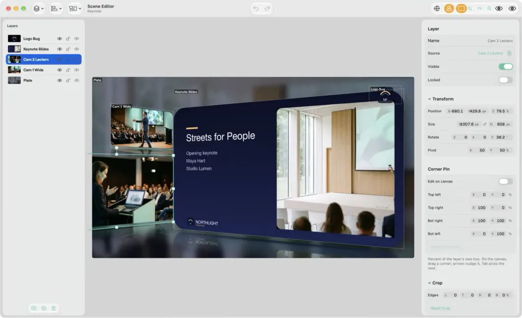 The Scene Editor on macOS for the Keynote scene: the layer list with Logo Bug, Keynote Slides, Cam 2 Lectern, Cam 1 Wide and Plate, the tilted slide card over the hall on the canvas, and the Layer panel with Transform, Corner Pin and Crop