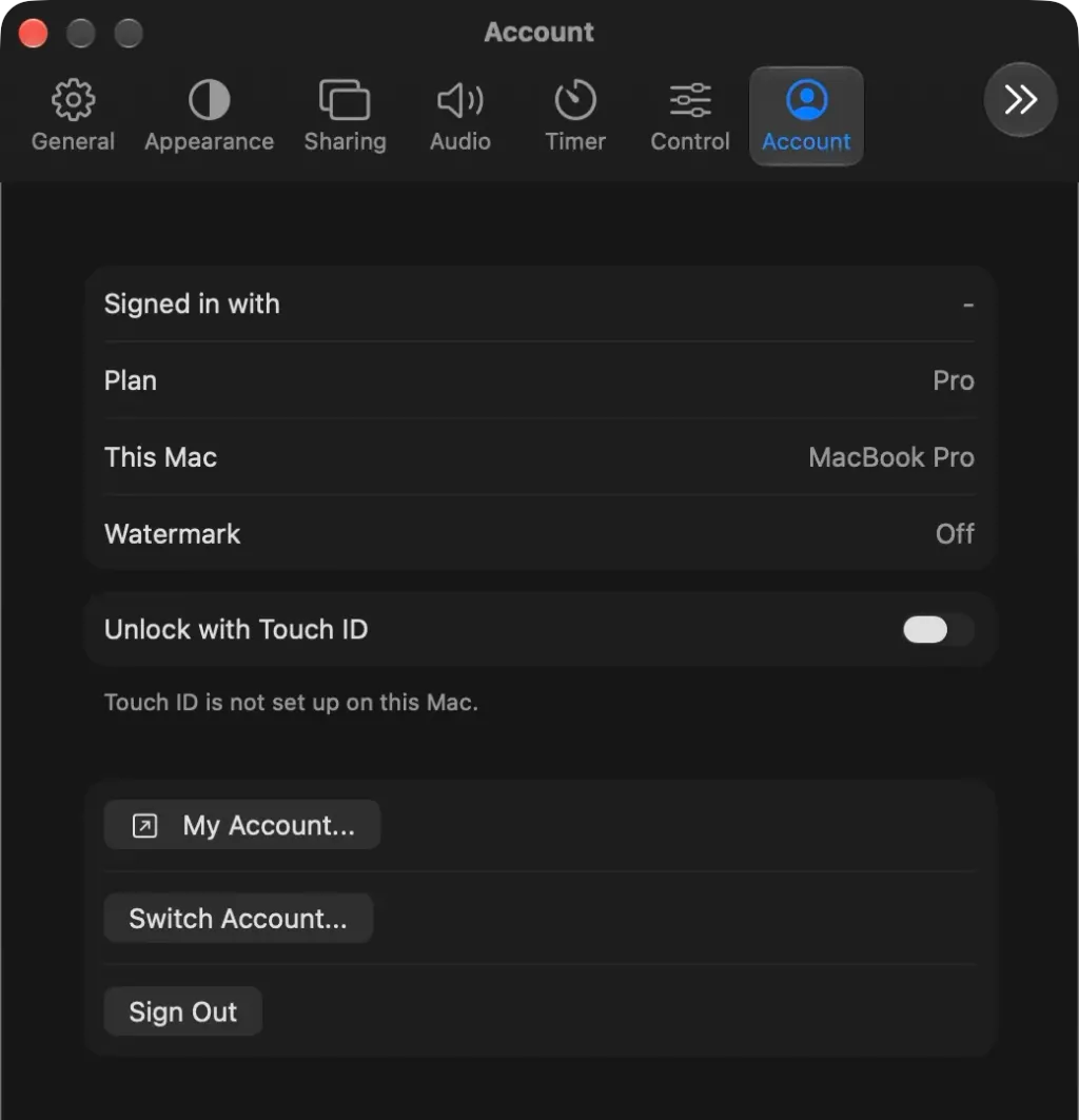 Settings, General, Account on a Mac: Signed in as, Plan, Unlock with Touch ID, My account and Sign out