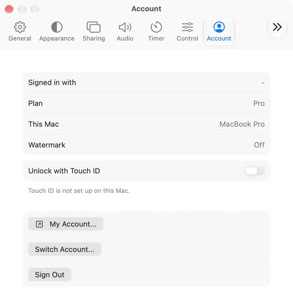 Settings, General, Account on a Mac: Signed in as, Plan, Unlock with Touch ID, My account and Sign out