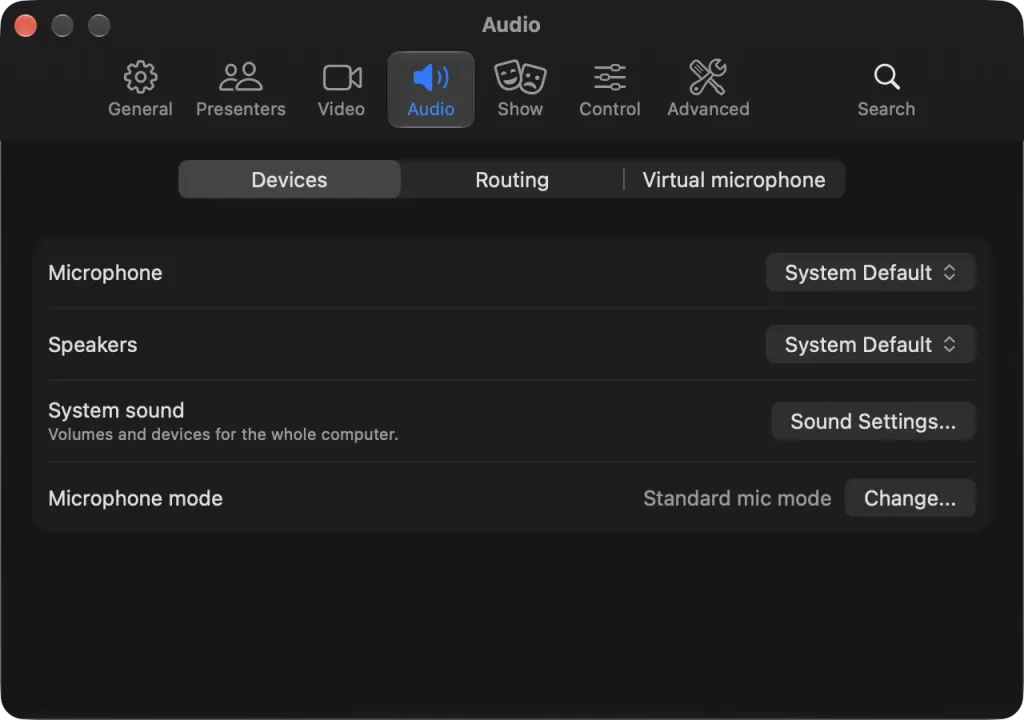 The Audio settings on macOS on the Devices tab: microphone, speakers, system sound and microphone mode