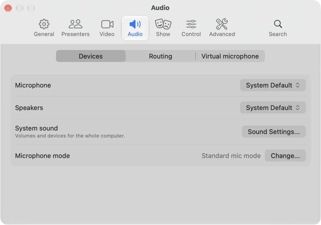 The Audio settings on macOS on the Devices tab: microphone, speakers, system sound and microphone mode